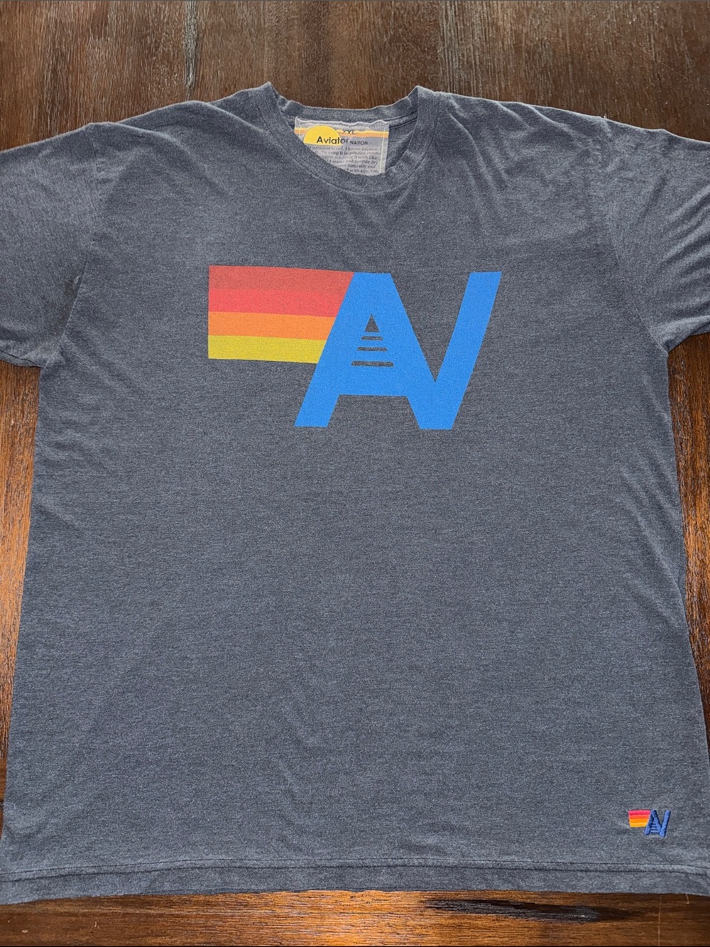 Aviator Nation Logo Tee in Charcoal with Blue & Sunset Stripe XXL